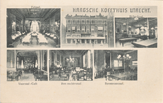 710788 Reclameprentbriefkaart (beschreven) van het Haagsche Koffijhuis, Vredenburg [21-22] te Utrecht. Met zes kleine ...